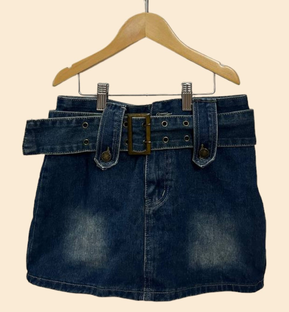 WOMEN'S BELTED DENIM SKIRT (DARK BLUE)